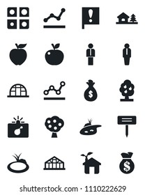 Set of vector isolated black icon - bomb in case vector, manager, plant label, greenhouse, pond, important flag, application, point graph, house with tree, fruit, apple, eco, money bag