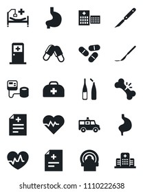 Set of vector isolated black icon - medical room vector, heart pulse, doctor case, diagnosis, blood pressure, pills, ampoule, scalpel, tomography, ambulance car, hospital bed, stomach, broken bone