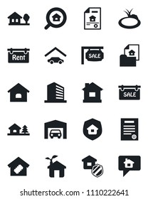 Set of vector isolated black icon - office building vector, house, pond, contract, with tree, garage, estate document, sale, rent, search, smart home, insurance, eco, message