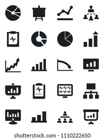 Set of vector isolated black icon - growth statistic vector, presentation board, monitor, circle chart, pulse, clipboard, bar graph, pie, point, hierarchy, crisis