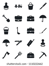Set of vector isolated black icon - suitcase vector, stamp, baggage larry, job, farm fork, bucket, pruner, axe, scalpel, umbrella, case, ladle, hard work