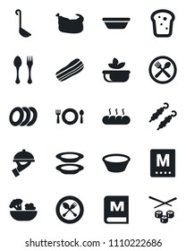 Set of vector isolated black icon - spoon and fork vector, cafe, menu, salad, plates, bacon, waiter, bread, chicken, kebab, ladle, bowl, sushi