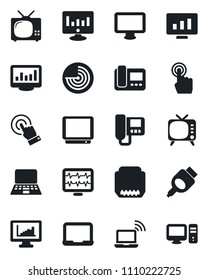 Set of vector isolated black icon - wireless notebook vector, radar, pc, statistic monitor, pulse, tv, touch screen, hdmi, statistics, intercome