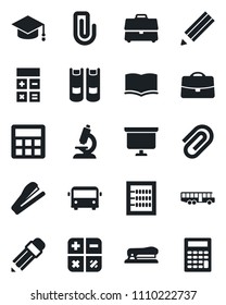 Set of vector isolated black icon - airport bus vector, book, calculator, graduate, presentation board, microscope, case, paper clip, abacus, pencil, stapler
