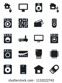 Set of vector isolated black icon - washer vector, monitor, speaker, phone back, smart home, credit card, control, chip, remote, router, usb flash