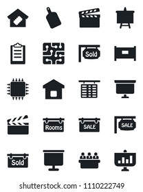 Set of vector isolated black icon - fence vector, flight table, presentation board, meeting, clapboard, clipboard, sale, rooms, sold signboard, smart home, cutting, chip