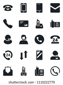 Set of vector isolated black icon - phone vector, mobile, office, 24 hours, support, cell, radio, mail, call, data exchange