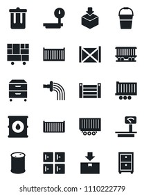 Set of vector isolated black icon - trash bin vector, checkroom, bucket, watering, railroad, truck trailer, cargo container, consolidated, package, oil barrel, heavy scales, archive box