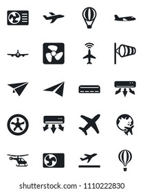 Set of vector isolated black icon - plane radar vector, departure, wind, helicopter, globe, air conditioner, fan, paper, balloon