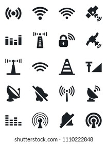 Set of vector isolated black icon - antenna vector, border cone, satellite, equalizer, wireless, mute, cellular signal, lock