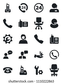 Set of vector isolated black icon - 24 around vector, office phone, hours, support, speaker, radio, call, root setup, palm sproute, chair