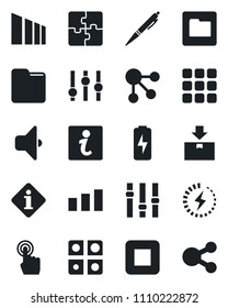 Set of vector isolated black icon - package vector, sorting, settings, touch screen, stop button, menu, folder, charge, application, pen, sound, information, social media
