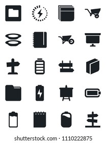 Set of vector isolated black icon - signpost vector, notepad, presentation board, wheelbarrow, battery, folder, charge, blank box, plates, guidepost