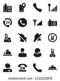 Set of vector isolated black icon - phone vector, no mobile, reception bell, office, 24 hours, support, tracking, radio, call, mute, cellular signal