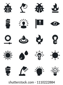 Set of vector isolated black icon - sun vector, bulb, lady bug, fire, eye, important flag, brightness, desk lamp, water, energy saving, shining head, idea