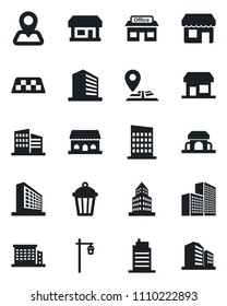 Set of vector isolated black icon - taxi vector, office building, garden light, navigation, store, city house, cafe, storefront