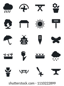 Set of vector isolated black icon - umbrella vector, sun, flower in pot, ripper, tree, butterfly, lady bug, seedling, rain, plant label, picnic table, tulip