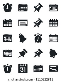 Set of vector isolated black icon - alarm clock vector, drawing pin, calendar, term, paper, bell, schedule