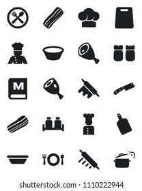Set of vector isolated black icon - cook vector, cafe, hat, menu, bacon, salt and pepper, ham, bowl, rolling pin, cutting board, knife, steaming pan