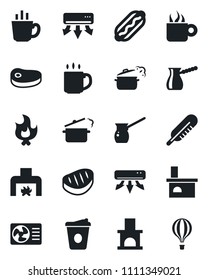 Set of vector isolated black icon - coffee vector, fire, fireplace, thermometer, air conditioner, steak, hot dog, steaming pan, turkish, balloon