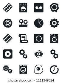 Set of vector isolated black icon - gear vector, stamp, contract, pills blister, rec button, record, eye id, pie graph, washer, flower in pot, omelette, clock
