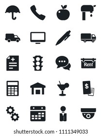 Set of vector isolated black icon - pen vector, diagnosis, traffic light, car delivery, umbrella, warehouse, dialog, monitor, call, calendar, calculator, water supply, rent, waiter, cocktail, gear