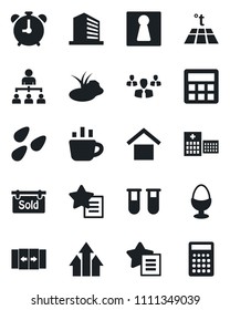 Set of vector isolated black icon - automatic door vector, alarm clock, female, office building, hierarchy, coffee, seeds, pond, blood test vial, hospital, warehouse storage, favorites list, group