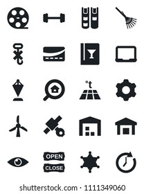 Set of vector isolated black icon - pennant vector, notebook pc, rake, barbell, eye, satellite, no hook, warehouse, reel, settings, book, estate search, wine card, open close, credit, warm floor
