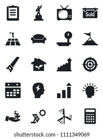 Set of vector isolated black icon - waiting area vector, growth statistic, pedestal, brainstorm, saw, clipboard, heavy scales, calendar, target, windmill, sold signboard, tv, eco house, warm floor
