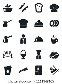 Set of vector isolated black icon - coffee vector, diet, fridge, waiter, cook, dish, hat, salad, plates, egg stand, bread, vip zone, kebab, knife, turkish, sushi