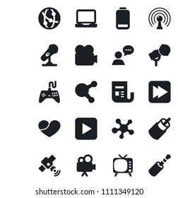 Set of vector isolated black icon - microphone vector, antenna, satellite, news, tv, gamepad, video camera, network, speaker, laptop pc, share, heart, low battery, play button, fast forward, rca