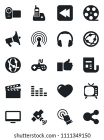 Set of vector isolated black icon - clapboard vector, reel, antenna, satellite, news, loudspeaker, tv, gamepad, equalizer, video camera, network, touch screen, headphones, monitor, radio phone