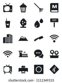 Set of vector isolated black icon - airport building vector, rake, plant label, garden light, tv, dialog, record, office, fruit tree, mountains, wireless, flower in pot, restaurant table, menu