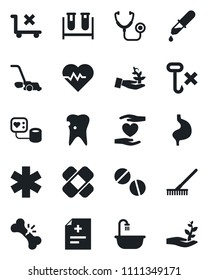 Set of vector isolated black icon - rake vector, lawn mower, heart pulse, diagnosis, stethoscope, blood pressure, test vial, dropper, pills, patch, ambulance star, hand, stomach, caries, broken bone