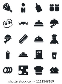 Set of vector isolated black icon - waiter vector, cook, dish, hat, reception, phyto bar, plates, bacon, salt and pepper, candle, cafe table, vip zone, ham, cutting board, omelette, cheese