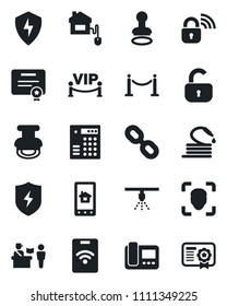 Set of vector isolated black icon - fence vector, passport control, stamp, hose, chain, protect, face id, lock, vip zone, home, wireless, intercom, app, combination, pass card, sprinkler