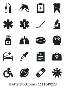 Set of vector isolated black icon - disabled vector, doctor case, diagnosis, dropper, microscope, pills, bottle, ampoule, scalpel, patch, tomography, ambulance star, hospital bed, lungs, caries