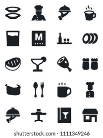 Set of vector isolated black icon - spoon and fork vector, coffee, cook, alcohol, restaurant table, wine card, menu, drink, cocktail, plates, waiter, salt pepper, chicken, steak, ham, storefront