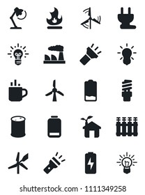 Set of vector isolated black icon - hot cup vector, factory, fire, oil barrel, low battery, torch, charge, desk lamp, windmill, eco house, power plug, radiator, bulb, energy saving, idea