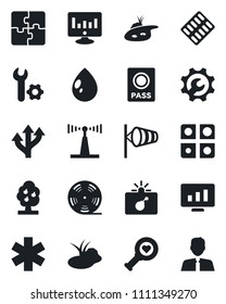 Set of vector isolated black icon - bomb in case vector, passport, wind, statistic monitor, water drop, pond, heart diagnostic, pills blister, ambulance star, route, reel, antenna, application
