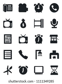 Set of vector isolated black icon - alarm clock vector, phone, abacus, well, film frame, tv, video camera, microphone, call, office, fireplace, outdoor lamp, windmill, money bag, sand