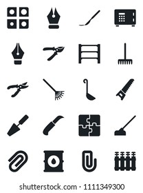 Set of vector isolated black icon - safe vector, trowel, rake, pruner, saw, hoe, garden knife, scalpel, oil barrel, rack, application, paper clip, ink pen, ladle, radiator