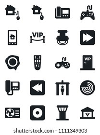 Set of vector isolated black icon - airport tower vector, security gate, radar, stamp, gamepad, remote control, fast forward, rewind, rec button, vip zone, home, air conditioner, intercom, app