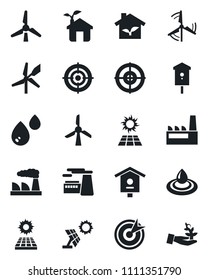 Set of vector isolated black icon - factory vector, bird house, target, sun panel, windmill, eco, water, palm sproute