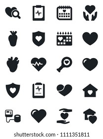 Set of vector isolated black icon - heart vector, pulse, blood pressure, diagnostic, shield, hand, real, medical calendar, clipboard, sweet home