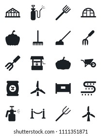 Set of vector isolated black icon - fence vector, garden fork, farm, rake, wheelbarrow, well, hoe, pumpkin, greenhouse, sprayer, fertilizer, drip irrigation, windmill