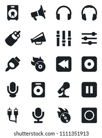 Set of vector isolated black icon - flame disk vector, microphone, loudspeaker, settings, headphones, speaker, pause button, rewind, rec, rca, hdmi, tuning, record