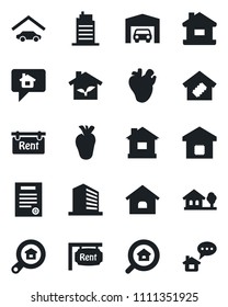 Set of vector isolated black icon - office building vector, house, real heart, contract, with tree, garage, rent, estate search, smart home, city, eco, message