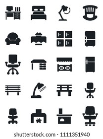 Set of vector isolated black icon - checkroom vector, office chair, desk, bench, fireplace, lamp, bedroom, children room, cushioned furniture, restaurant table, alcove, fridge