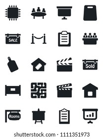 Set of vector isolated black icon - fence vector, presentation board, meeting, clapboard, clipboard, sale, rooms, sold signboard, smart home, cutting, chip